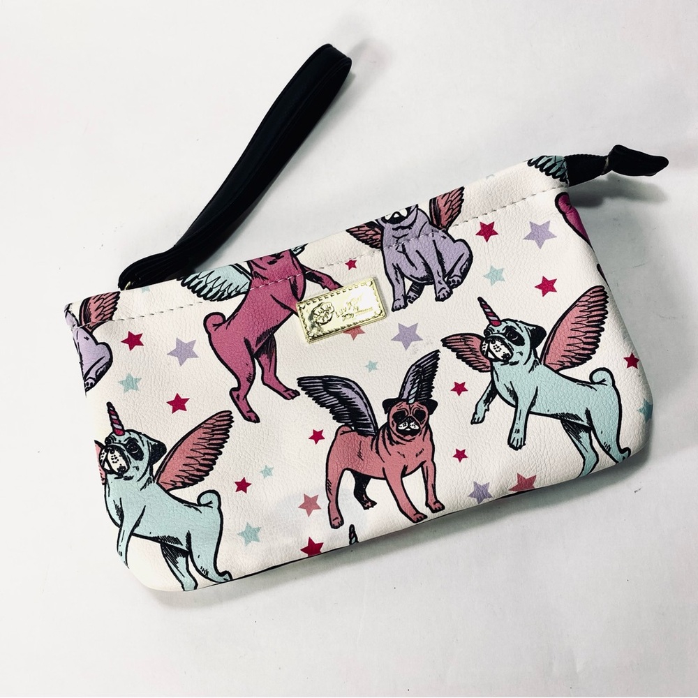 Betsey Johnson Flying Pugs Unicorns Patterned Wristlet Wallet
